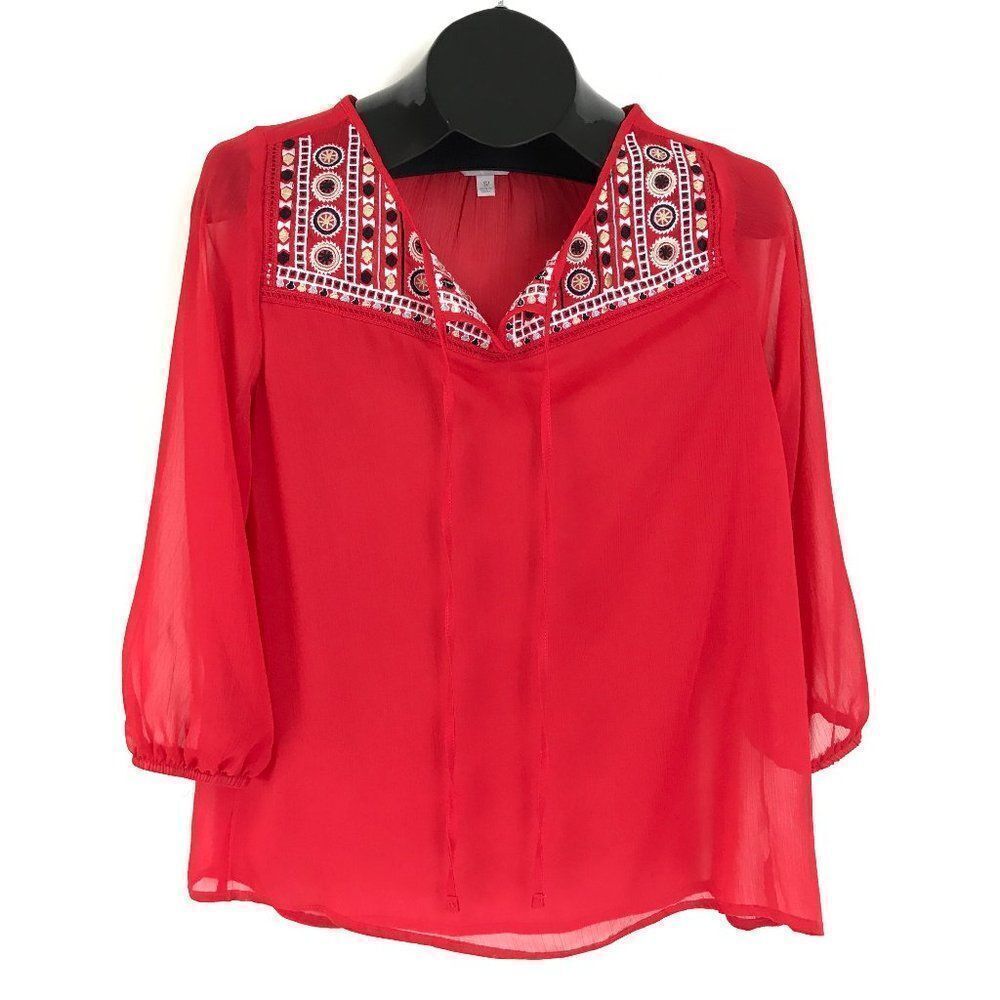 Charming Charlie Sheer Popover Top Women's Small Embroidered 3/4 Sleeve Boho